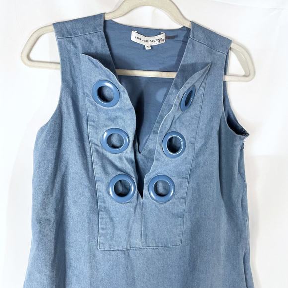 English Factory Denim Lace Up Mini Dress Blue Shift Sleeveless Chambray Sz S - Picture 4 of 10